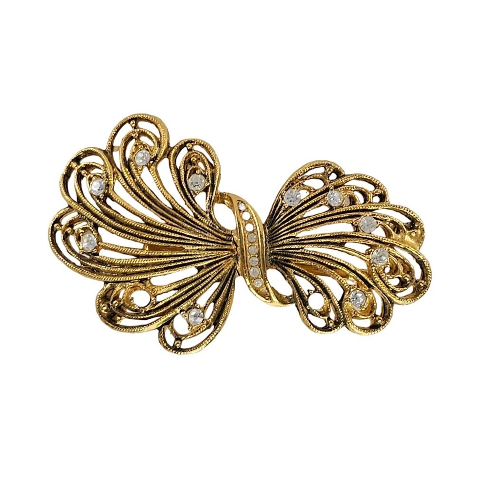 Vintage Gold-Tone Bow Brooch Pin With Rhinestones